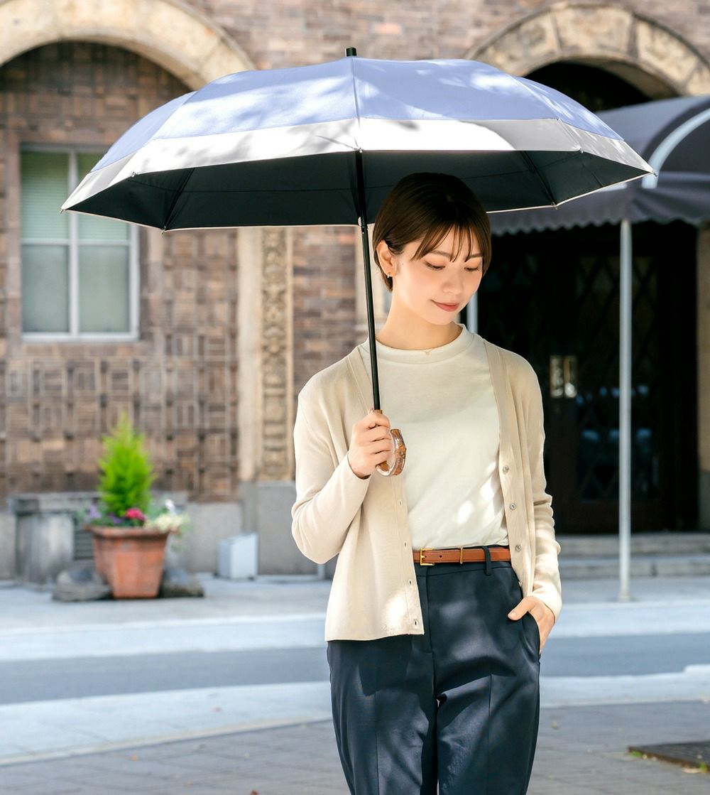 折りたたみ日傘　２段折 / コンビ　ブラック　木ストレート KIZAWA 日傘 完全遮光 折りたたみ傘 晴雨兼用 レディース 二段式