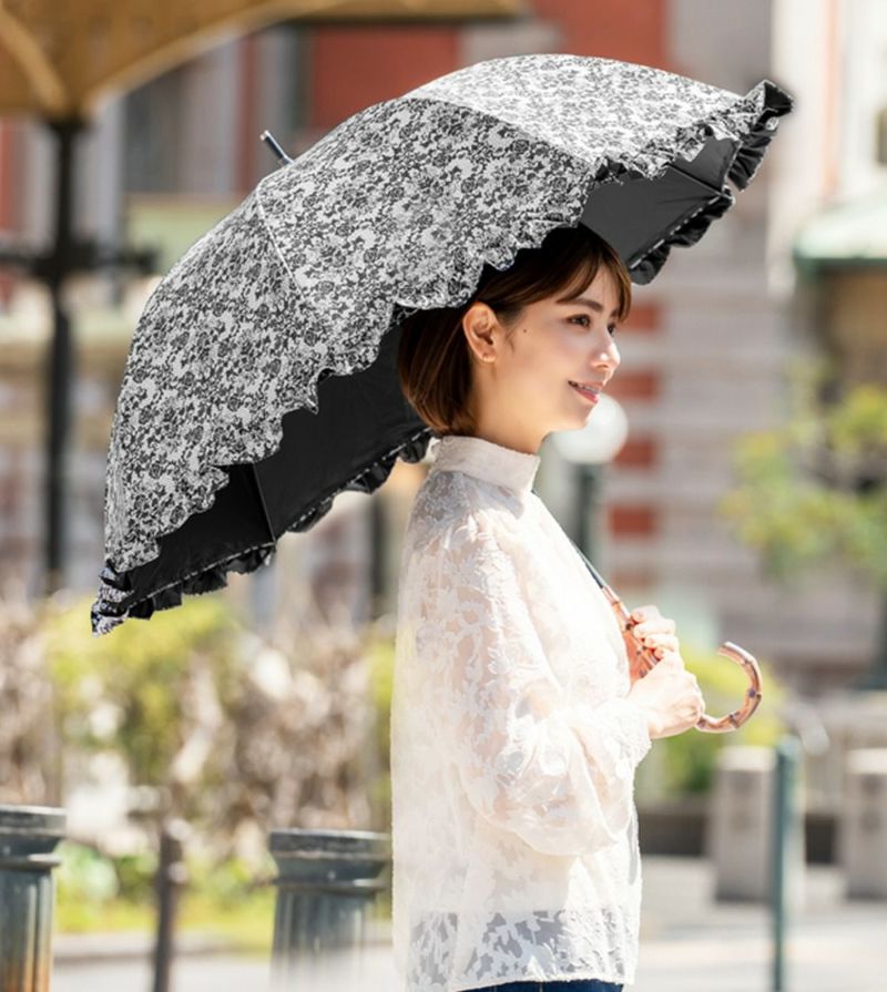 芦屋ロサブラン 完全遮光日傘 ミドルフリル UV 55cm ベージュ ミドル フリル | 芦屋ロサブラン