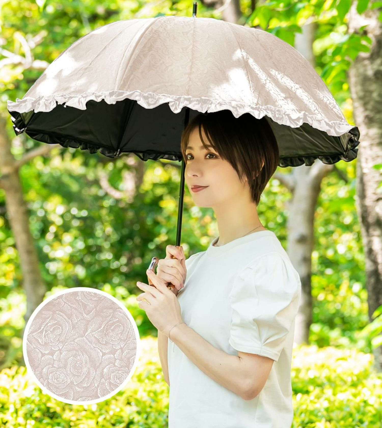 ゆう様　完全遮光日傘　芦屋ロサブラン ショート／アイボリー×ネイビー　UV 楽天市場】日傘 レディース 100％ 完全遮光 晴雨兼用ショート